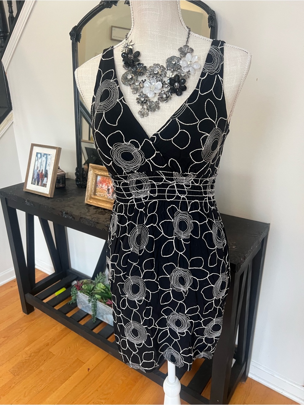 Blush Black Dress with White Floral Embroidery